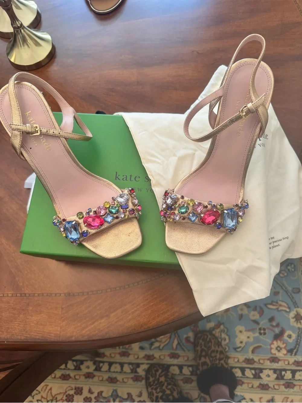kate spade Gold Embellished Strappy Heels with Multicolor Gems